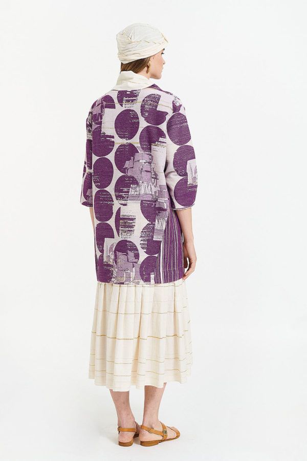 Maxi scarfed dress on mauve agamemnon pattern with with ruffled bottom and 3/4 sleeves