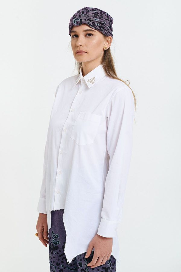 white cotton gabardine long sleeved shirt