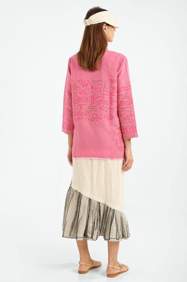 Long sleeve top-dress with loose fit and scarfed neckline in pink mosaic pattern