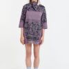 Long sleeve top-dress with loose fit and scarfed neckline in mauve mosaic pattern