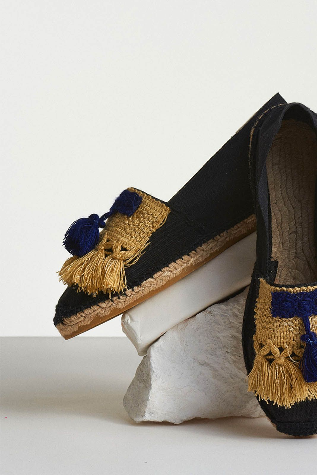 althaia black espadrilles with ochre and blue tassels front