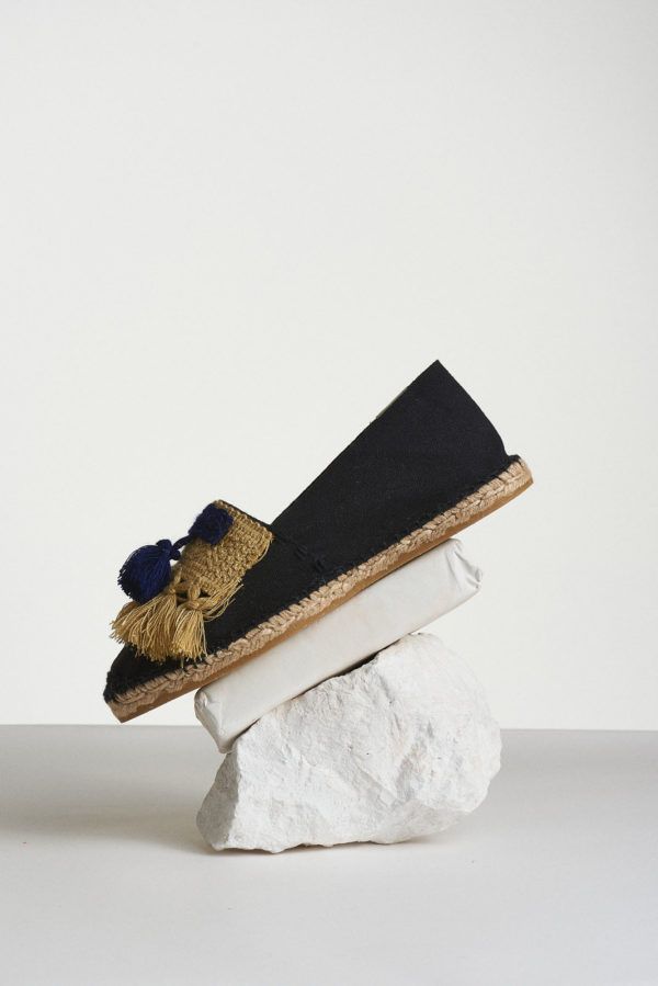 althaia black espadrilles with ochre and blue tassels front side