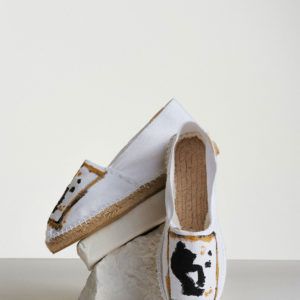 white espadrilles with aphrodite stamp and coin