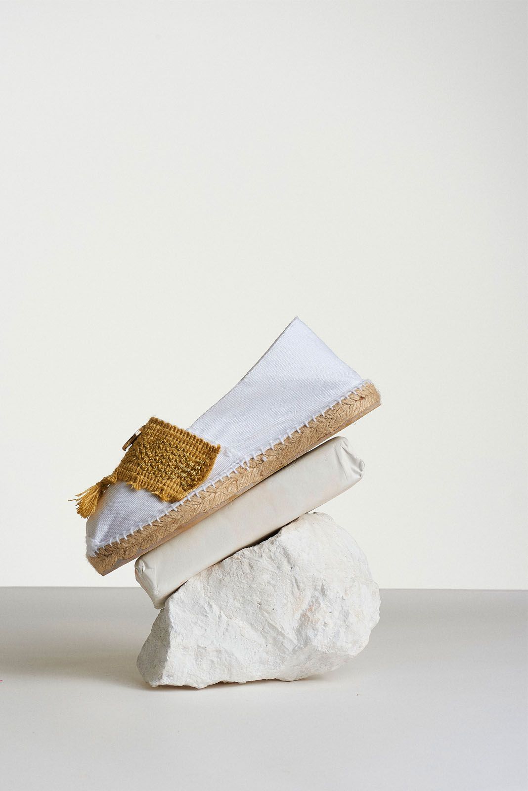 white espadrilles with ochre tassels and coin side