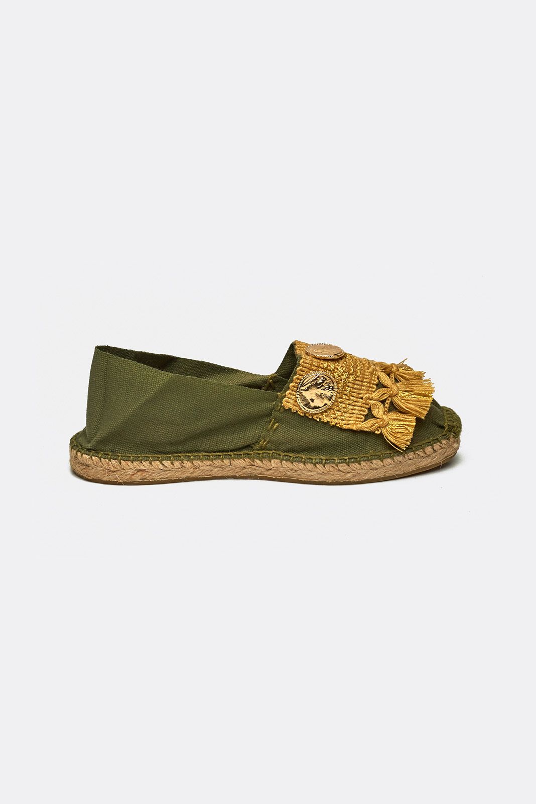 Khaki espadrilles with tassels and six metal coins