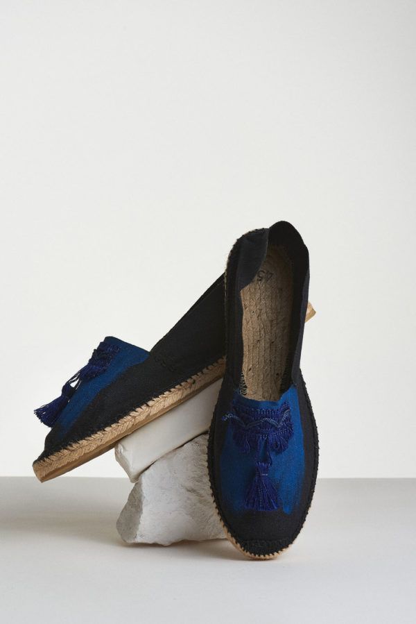 black espadrilles with painted brush and tassels